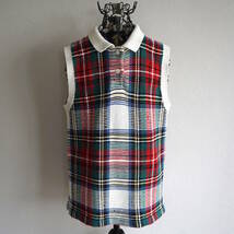 1980s〜90s ヴィンテージ Ralph Lauren 100%コットン ポロシャツ型ノースリーブニットセーター L タータンチェック ラルフローレン 古着_画像4