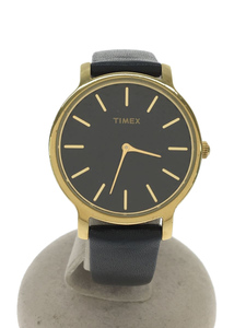 TIMEX◆クォーツ腕時計/アナログ/レザー/BLK/BLK