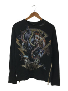 BALMAIN◆printed sweatshirt サイドジップ/スウェット/S/コットン/BLK