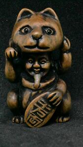 超絶技巧　招き猫　根付　翁　在銘　NETSUKE