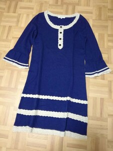 y3774*NATURAL BEAUTY BASIC* neck origin × hem × cuffs hook braided 7 minute sleeve knitted One-piece * navy blue series *M