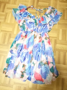 y3310*CECIL McBEE* large floral print neck origin frill off shoru Mini One-piece * pink series *M