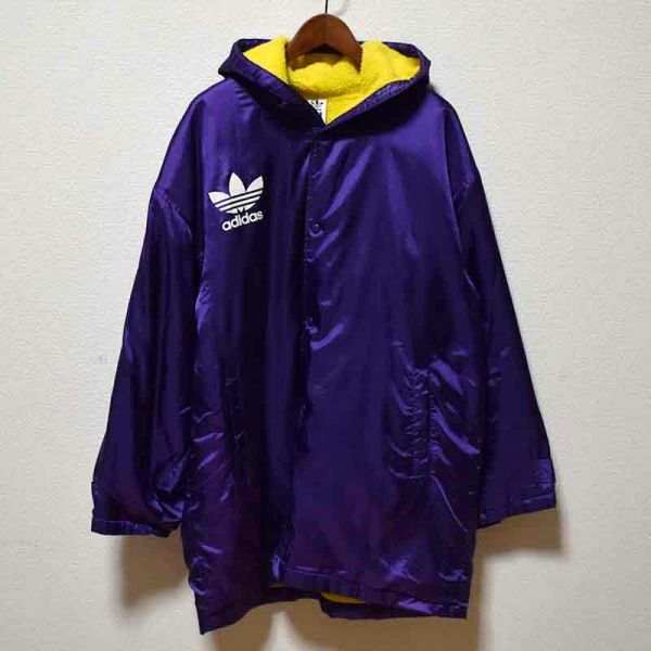 美品★adidas アディダス★90sビンテージ ビッグトレフォイルロゴ ナイロン中綿コート 裏ボア L デサント社 日本製 80sオールドスクール