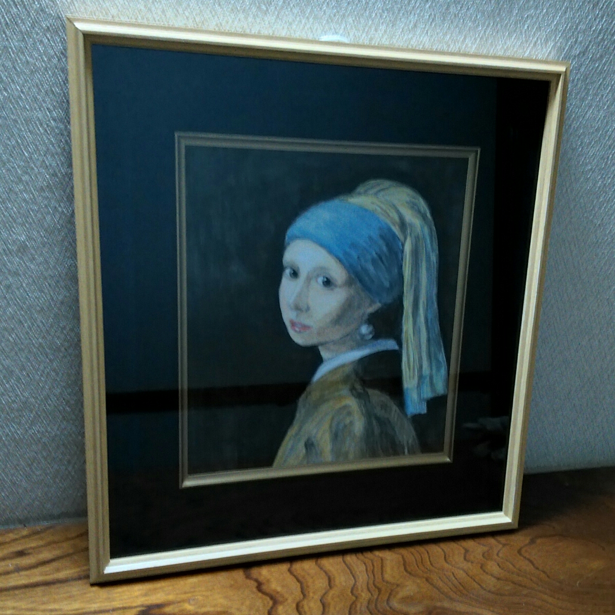 Peinture à l'aquarelle de reproduction de chef-d'œuvre unique peinte à la main Fille Vermeer avec une boucle d'oreille en perle Fille dans un papier coloré turban bleu avec cadre [Shizuka Aoki], ouvrages d'art, peinture, portrait