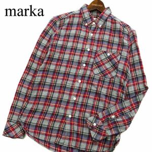 美品★ marka マーカ 通年 長袖 ボタンダウン チェック シャツ Sz.2　メンズ グレー 日本製　C3T01487_2#C