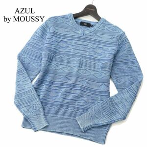 AZUL by MOUSSY アズール マウジー 通年 ジャガード柄★ インディゴ Vネック コットン ニット セーター Sz.S　メンズ　C3T02384_3#L