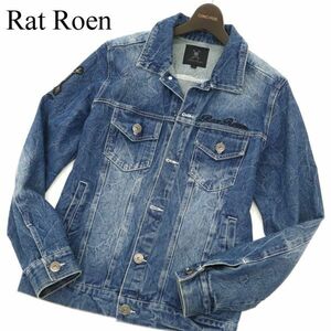 Rat Roen ラット ロエン 【スカル ラインストーン ワッペン】 ロゴ刺繍 USED加工 デニム ジャケット Gジャン Sz.M　メンズ　C3T02591_3#O