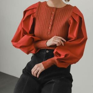 【新品】URBAN RESEARCH 前後2wa ボリュームスリーブ ドッキングニット ブラウス * BRICK(レンガ) 長袖