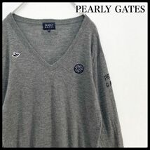 【ビッグサイズ】パーリーゲイツ ワッペン ワンポイントロゴ Vネック　ニットセーター グレー　メンズ　6サイズ　PEARLY GATES_画像1