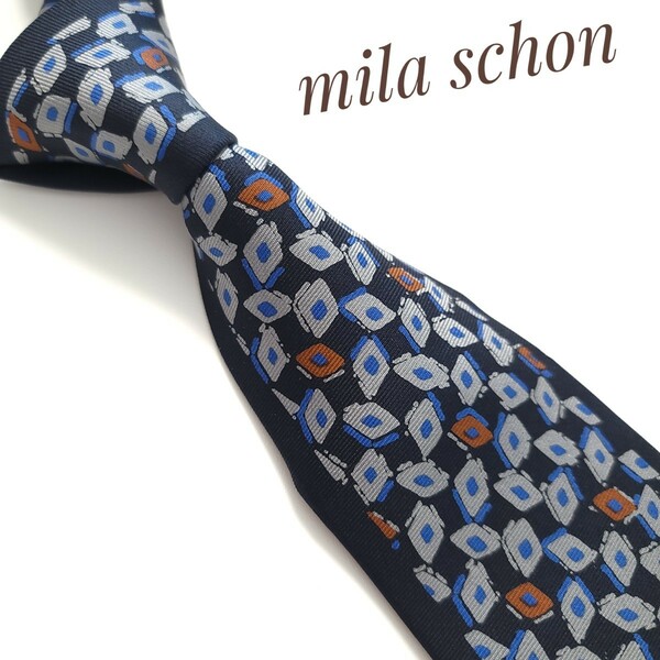 美品 mila schon ミラショーン ネクタイ ブランド ネイビー 紺 シルク 2664