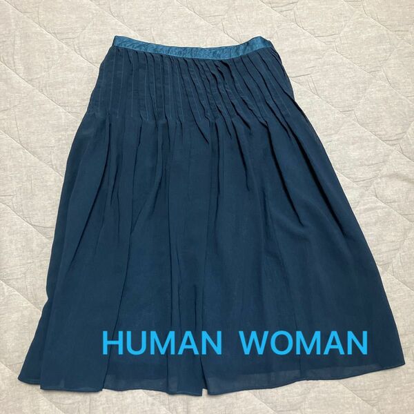未使用　HUMAN WOMAN　膝丈　シフォン　スカート　ダークブルー　ギャザースカート
