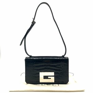 GUCCI グッチ 本クロコ センター割り ロゴ金具 ショルダー バッグ ブラック 良品 M8881