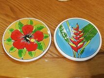 ギリシャ製 ハンドメイド 陶器製 コースター 6枚セット ハワイ タイル 壁飾り ハイビスカス 花柄 絵皿 G.TaKousi Hawaii 送料込み_画像3