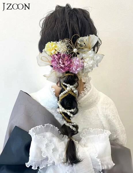 手作り 4色展開 ドライフラワー 髪飾り 造花飾り ヘアアクセサリー 成人式 ゴールド 水引 振袖 着物 卒業式 七五三 浴衣 結婚式 パープル