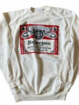 ●●vintage 80's us製 Hanes ヘインズ ブルータグ Budweiser バドワイザー ビール スウェット L 白●●_画像1