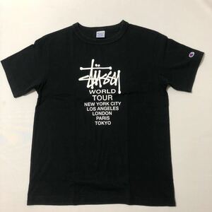 STUSSY x チャンピオン WORLD TOUR Tシャツ ( ステューシー レア old チャプト 周年 記念 限定 総柄 フォト レア Tee ワールドツアー ) 黒