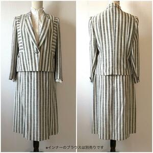  б/у одежда сделано в Японии выставить костюм полоса linen лен tailored jacket белый L Japan Vintage серый формальный юбка 