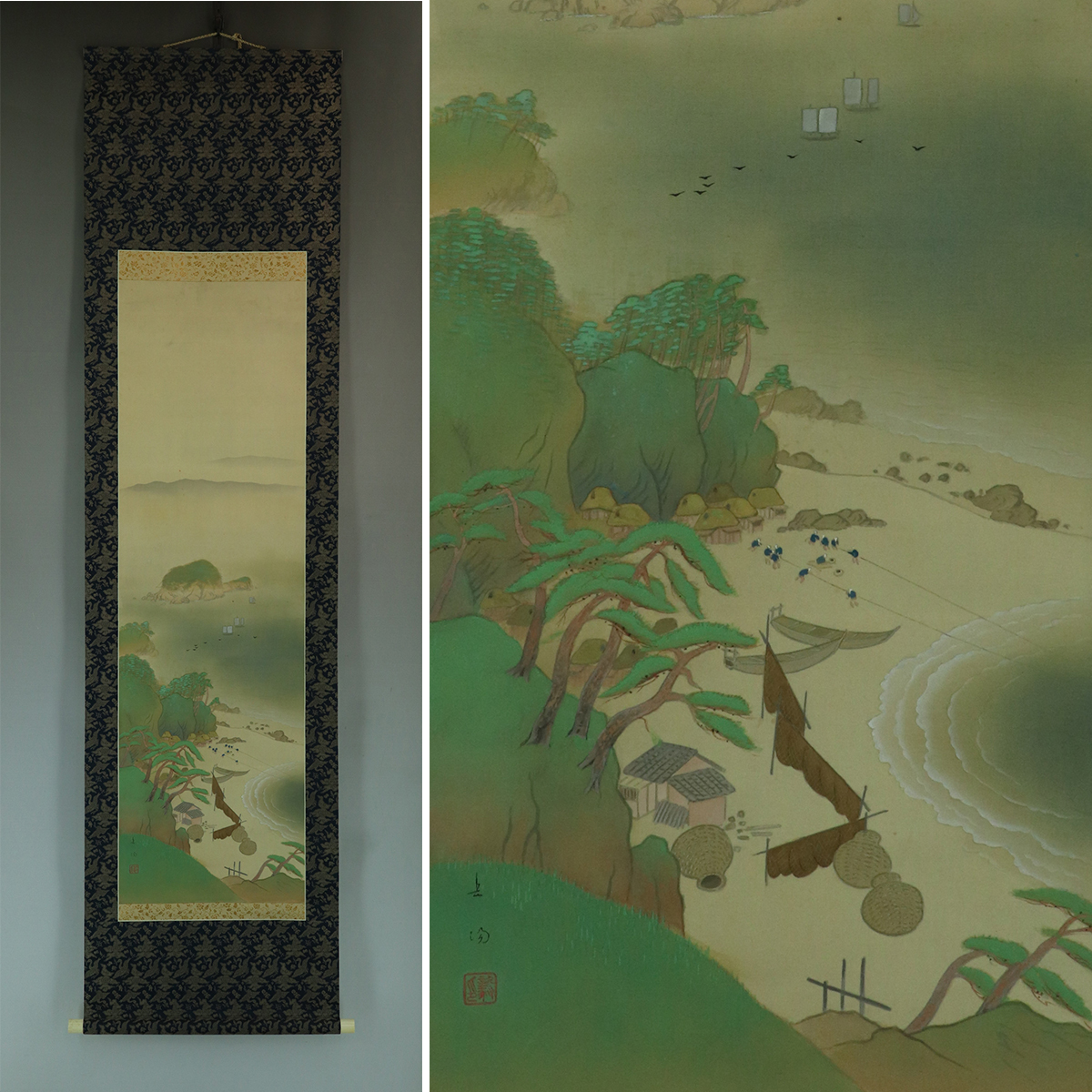 [Handwritten] Yueyang signature [Summer in a fishing village] ◆Silk book◆With box◆Hanging scroll u10012, Painting, Japanese painting, Landscape, Wind and moon