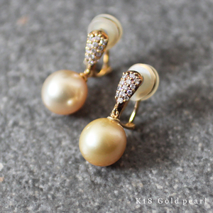 K18 YG 11. Gold pearl natural diamond 2way earrings earrings 7.5g Golden pearl pearl gold Vintage jewelry 