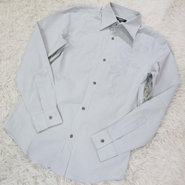 TORNADO MART トルネードマート 花柄刺繍シャツ Yシャツ 長袖 カジュアル ストライプ メンズ 水色 日本製 Mサイズ
