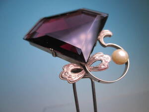 [. month ] antique * engraving skill book@ pearl decoration purple glass. ornamental hairpin 16,95g also case attaching 