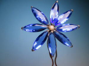 [. month ] antique * large ... blue glass. flower ornamental hairpin 19,78g