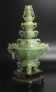 青玉雕活環蓋炉 中国 古美術