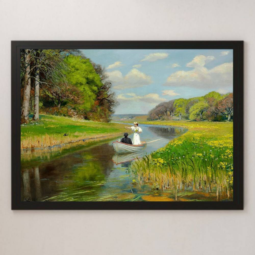 Brendekilde Primavera, Pintura artística de una pareja joven en un barco en el río Odense, póster brillante A3, Bar, cafetería, pintura de paisaje Interior clásica, arroyo, residencia, interior, otros