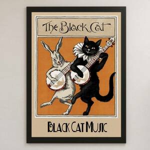 BLACK CAT MUSIC 黒猫とうさぎ イラスト アート 光沢 ポスター A3 バー カフェ ビンテージ クラシック レトロ インテリア 音楽 ギター 楽器