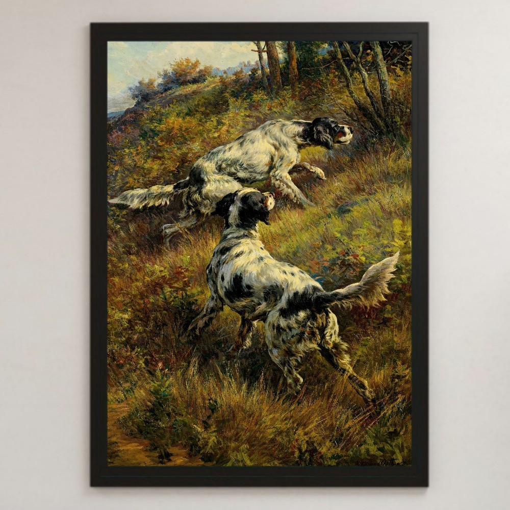 オストハウス『丘の中腹』絵画 アート 光沢 ポスター A3 バー カフェ クラシック レトロ インテリア 風景画 犬 イングリッシュ･セター, 住まい, インテリア, その他