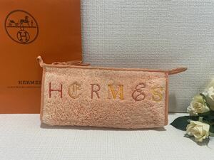 ハワイ限定希少レア可愛い☆アンティークエルメス☆HERMES刺繍入りパイル地コスメポーチ小物入れミニクラッチバッグハンドバッグ美品タオル