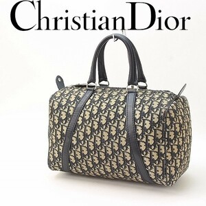 ヴィンテージ●Christian Dior クリスチャン ディオール トロッター キャンバス＆レザー ハンド バッグ 紺 ネイビー