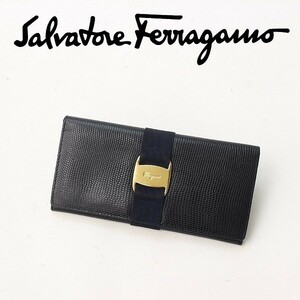 ●Salvatore Ferragamo サルヴァトーレ フェラガモ ヴァラ金具 リザード型押し レザー 長財布 ウォレット 紺 ネイビー