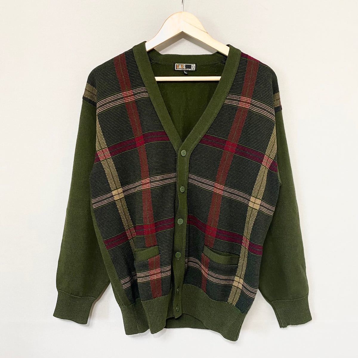 未使用1円~☆定価4.2万 DAKS ダックス メンズ 日本製 春夏 麻リネン混 ニットカーディガンジャケット L チェック ネイビー 本物 ◇7638◇ used♡130㎝ ストレッチカーディガン