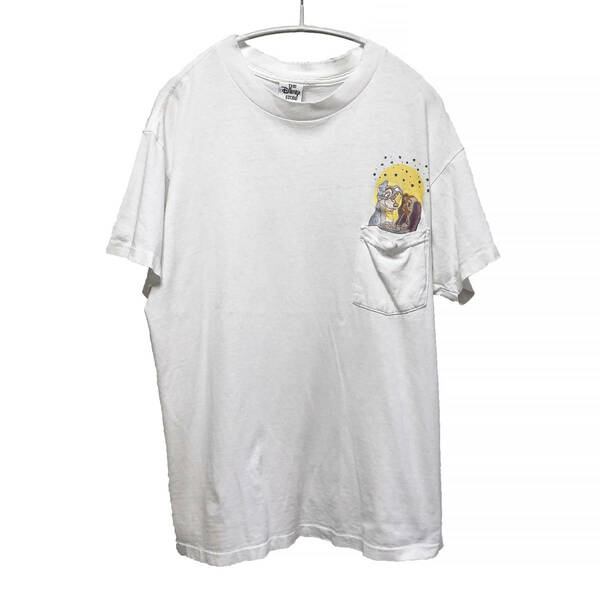 90S ヴィンテージ ディズニー わんわん物語 トランプ＆レディ 刺繍 ポケット付き Tシャツ メンズL相当 シングルステッチ ホワイト BA1476