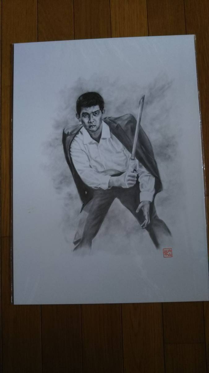 鉛筆画｢前科･ドス嵐｣渡哲也, 美術品, 絵画, 鉛筆画, 木炭画