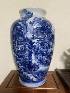 香蘭社 深川製磁 尹萬里山水色絵 図花瓶 飾