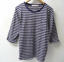 ◆◆melple メイプル ７分袖 Tシャツ ボーダー ポケット付き カットソー インディゴネイビー サイズM インディゴ染め_画像1