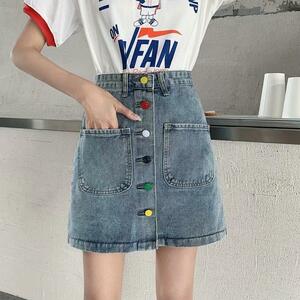 [ Denim blue *XL] lady's A line colorful button mini height skirt 