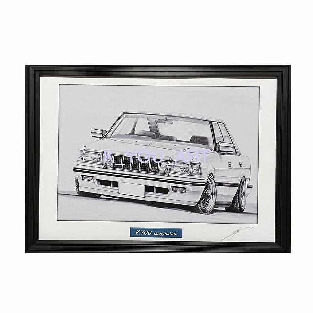 トヨタ TOYOTA 120クラウン【鉛筆画】名車 旧車 イラスト A4サイズ 額付き サイン入り, 美術品, 絵画, 鉛筆画, 木炭画