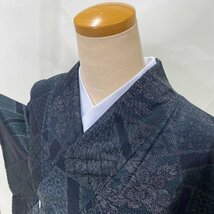 大島紬 紬 花柄 緑 紺 お洒落着 普段着 正絹 裄66cm 身丈160cm 美品 リサイクル着物 M サイズ G604_画像1