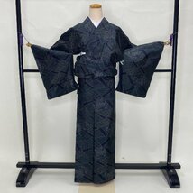 大島紬 紬 花柄 緑 紺 お洒落着 普段着 正絹 裄66cm 身丈160cm 美品 リサイクル着物 M サイズ G604_画像4