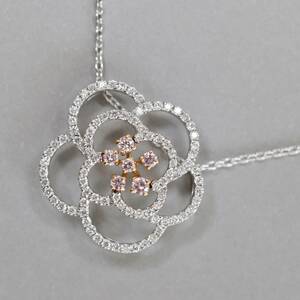 K18 бриллиант розовый бриллиант подвеска с цепью 0.34ct 0.11ct WG YG цветок цветок 