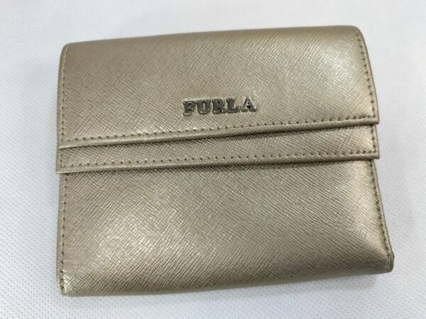 【パケ無料】良品 FURLA フルラ レザー 三つ折り 財布 ウォレット 札入れ 小銭入れ有 レディース ゴールド系 [b4890]