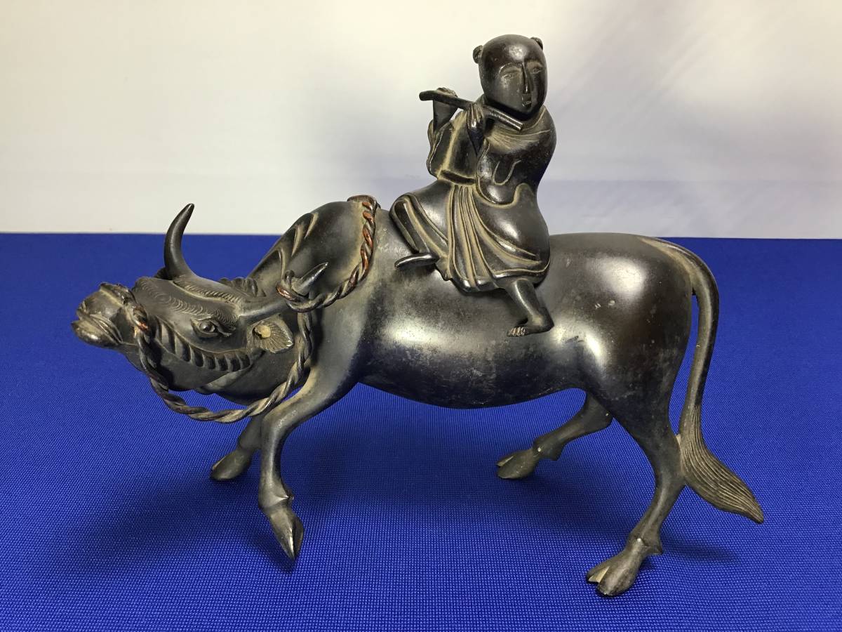 Y10037 時代物 中国 古玩 銅製 香炉 置物 牛 笛吹童子 鹿 寿老人 古美術-