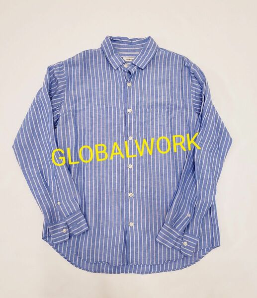 GLOBALWORK長袖麻シャツ ストライプ 長袖 青 SHIRT