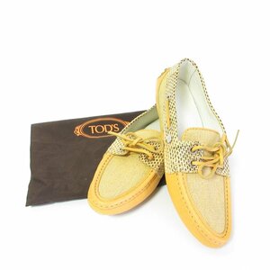 ほぼ未使用 TOD‘S トッズ ゴンミーニ レザー×キャンバス地 リボン スリッポン ドライビングシューズ 36 約23cm イエロー 黄色