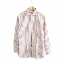 美品 クリーニング済み ISAIA イザイア ストライプ柄 長袖 シャツ ワイシャツ 16 1/2 42 ホワイト×レッド 白 赤_画像1