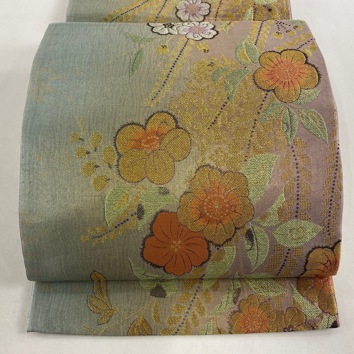 新作グッ 唐花に鳩が刺繍された銀色地の袋帯 着物 本革の袋帯 - fia.ui