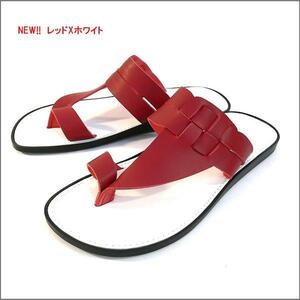 38mk nationwide free shipping made in Japan Tokushima cow leather leather tongs sandals original leather / red X white 